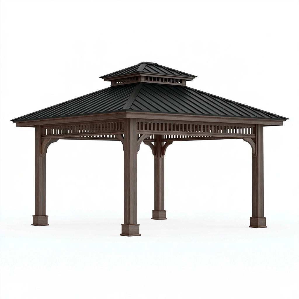 Gartenpavillon 400 x 400 x 320 cm Holz Dunkelbraun mit schwarzem Metalldach